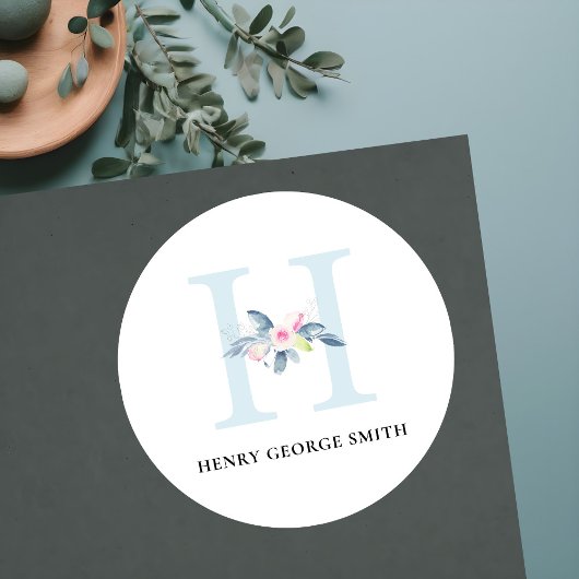 STICKER ROND ALPHABÈTES FLORAUX BLEUS DOUX NOM LETTRE H