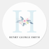 STICKER ROND ALPHABÈTES FLORAUX BLEUS DOUX NOM LETTRE H (Devant)