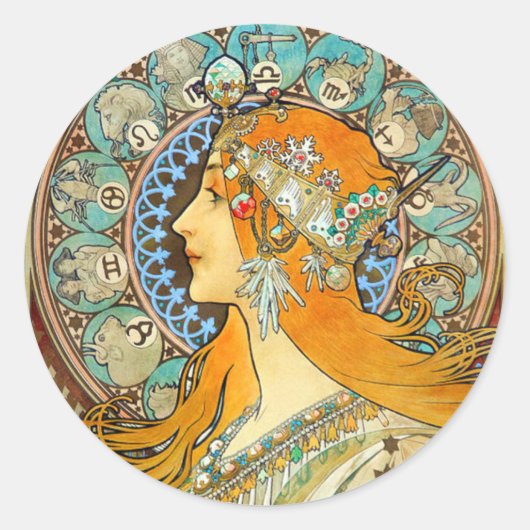 Sticker Rond Alphonse Mucha Art Nouveau Zodiac (Devant)
