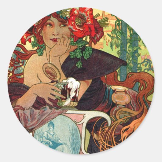 Sticker Rond Alphonse Mucha Bieres De La Meuse (Devant)