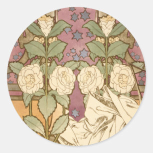 Sticker Rond Alphonse Mucha Étoiles Élégantes Art Nouveau Camél