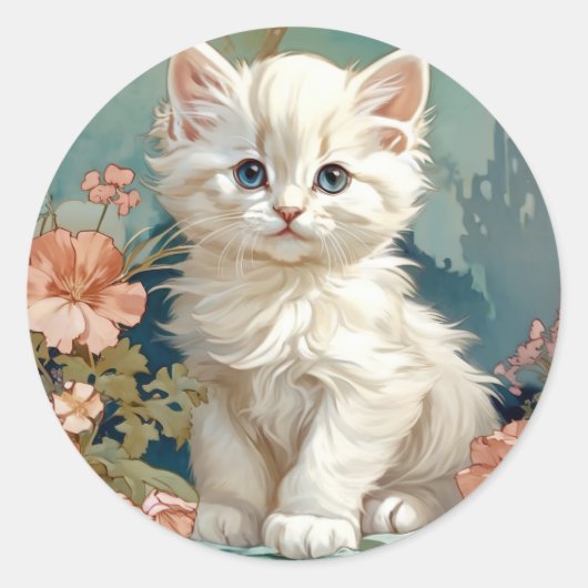 Sticker Rond Alphonse Mucha Style Chat blanc (Devant)