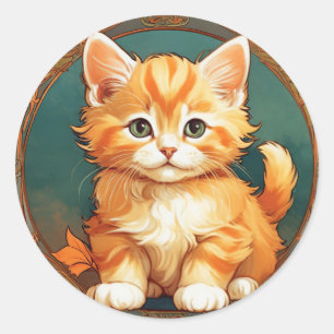 Sticker Rond Alphonse Mucha Style Chat orange