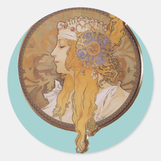 Sticker Rond Alphonse Mucha ~ Tête Byzantine : La Blonde (Devant)