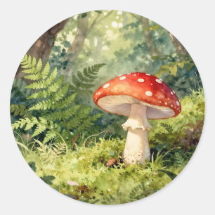 Sticker Rond Amanite tue-mouches rouge scène de forêt à l'aquar