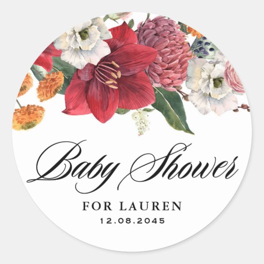 Sticker Rond Amaryllis et Chrysanthèmes Shower de Bébé Floral (Devant)