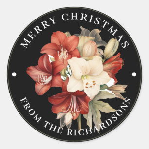 Sticker Rond Amaryllis rouge et blanc sur Noir Joyeux Noël