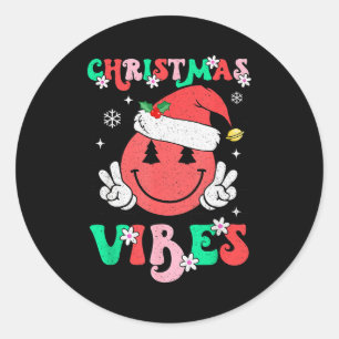 Sticker Rond Ambiance de Noël Groovy visage souriant chapeau de