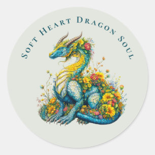 Sticker Rond Âme de dragon, cœur tendre, Art du dragon floral f
