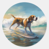 Sticker Rond American Engligh Foxhound Beach Surfing Paining (Devant)