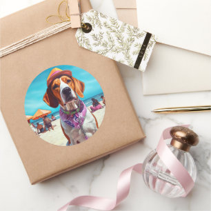 Sticker Rond American English Foxhound on Beach, cadeau d'été