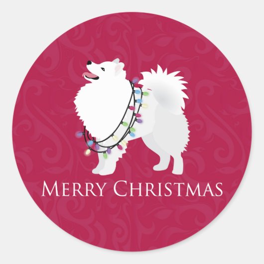 Sticker Rond American Eskimo Chien Joyeux Noël Design (Devant)