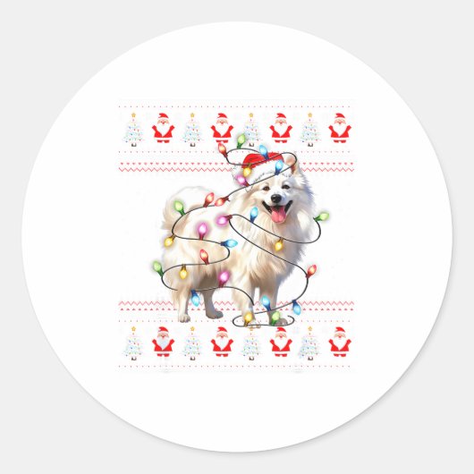 Sticker Rond American Eskimo Dog Xmas Lights Ugly Sweater Chris (Devant)