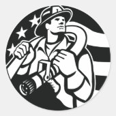 Sticker Rond American Firefighter Hero Gras Noir Et Blanc (Devant)