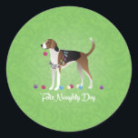 Sticker Rond American Foxhound Feliz Naughty Dog Christmas<br><div class="desc">American Foxhound chasse chien race vue latérale silhouette conception de Noël. Cette silhouette peut également représenter : Foxhound anglais, Foxhound, hound, chien de chasse, Austrian Pinscher, Ariegeois, Catahoula Leopard Dog, Leopard Dog, Blue Lacy, Braque Saint Germain, French White and Black Hound, Norwegian Hound, Dunker, Estonian Hound, Hamilton Hound, Swedish Foxhound,...</div>