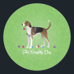 Sticker Rond American Foxhound Feliz Naughty Dog Christmas<br><div class="desc">American Foxhound chasse chien race vue latérale silhouette conception de Noël. Cette silhouette peut également représenter : Foxhound anglais, Foxhound, hound, chien de chasse, Austrian Pinscher, Ariegeois, Catahoula Leopard Dog, Leopard Dog, Blue Lacy, Braque Saint Germain, French White and Black Hound, Norwegian Hound, Dunker, Estonian Hound, Hamilton Hound, Swedish Foxhound,...</div>