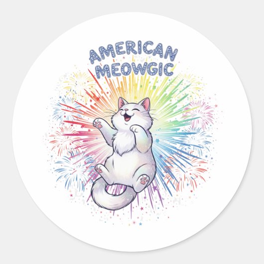 Sticker Rond American Meowgic - Chat étincelant et feux d'artif (Devant)