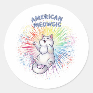 Sticker Rond American Meowgic - Chat étincelant et feux d'artif