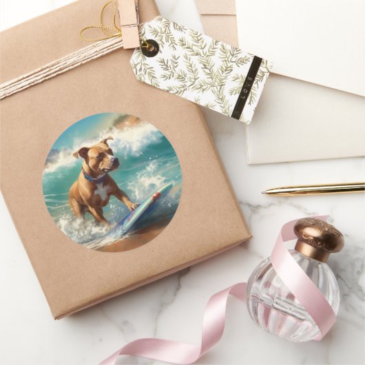 Sticker Rond American Staffordshire Beach Surf Peinture (Cadeaux)