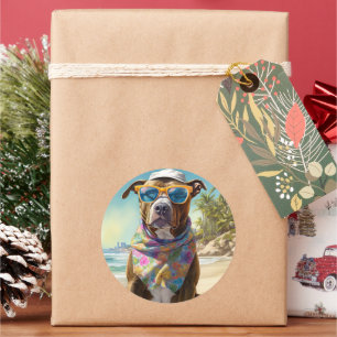 Sticker Rond American Staffordshire sur la plage, cadeau d'été