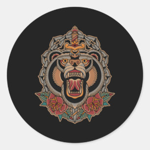Sticker Rond American Traditionnelle Tatouage Flash Ours Old Sc