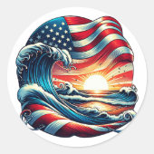Sticker Rond American USA Flag Beach Wave Sunset Patriotic Art (Devant)