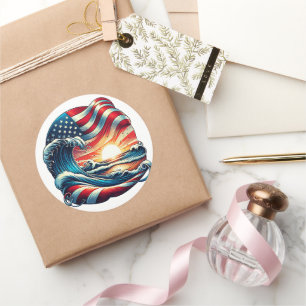 Sticker Rond American USA Flag Beach Wave Sunset Patriotic Art