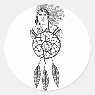 Sticker Rond Amérindien Homme Indien Chef Dream catcher art