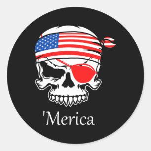 Sticker Rond Amérique Pirate Skull Drapeau Juillet 4 Independen