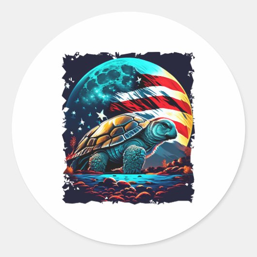 Sticker Rond Amérique tortue sous lune avec drapeau américain (Devant)