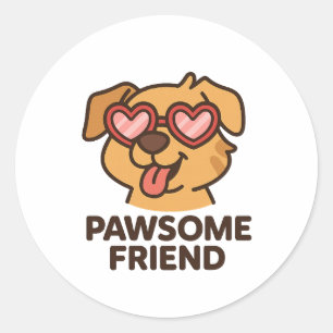 Sticker Rond Ami Génial Chien Cool avec Lunettes de Coeur