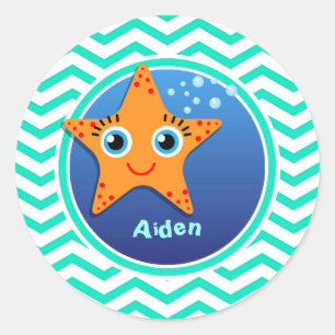 Sticker Rond Amidon d'orange ; Aqua Green Chevron