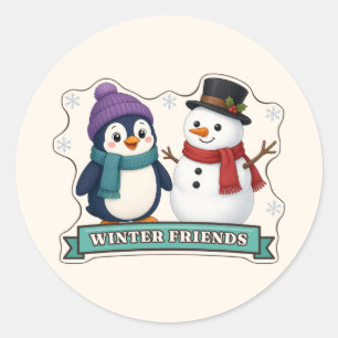 Sticker Rond Amis d'hiver Manchot et Bonhomme de neige