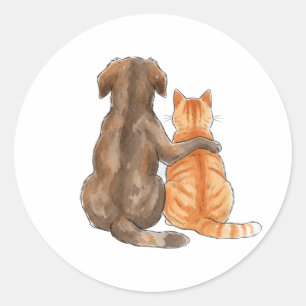 Sticker Rond Amitié chien et chat aquarelle