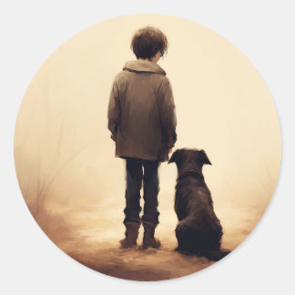 Sticker Rond Amitié, Garçon et son chien