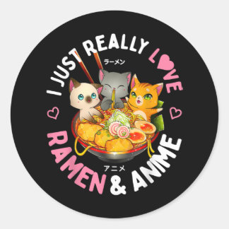 Sticker Rond Amour Anime et Ramen nouilles japonaises Cat Kawai