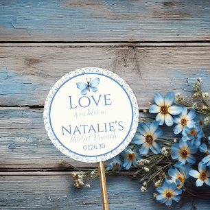 Sticker Rond Amour Bleu Poussiéreux en Fleur Fête de Mariage Fl