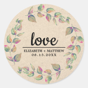 Sticker Rond Amour. Branches d'aquarelle papier Mariage Kraft