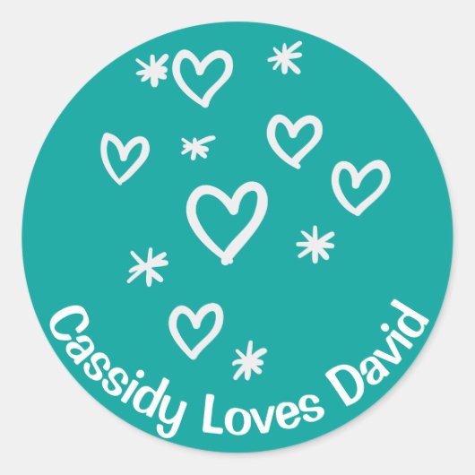 Sticker Rond Amour Coeurs blancs Turquoise Bleu Mariage personn (Devant)