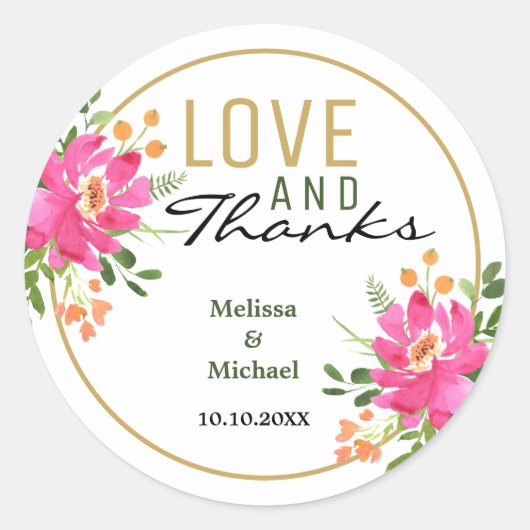Sticker Rond Amour Et Merci Mariage Floral Rose (Devant)