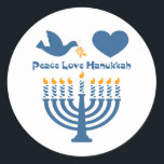 Sticker Rond Amour Hanoukka de paix<br><div class="desc">Festival de la conception de Hanoukka de lumières qui indique l'AMOUR HANOUKKA de PAIX avec une colombe et une branche d'olivier,  coeur et menorah allumé. Original de PinkInkArt !</div>