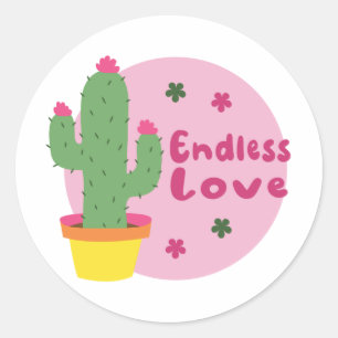 Sticker Rond Amour Infini Kawaii Cactus Vert Avec Texte Rose