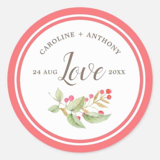 Sticker Rond Amour. Mariage de la branche de baies d'aquarelle (Devant)