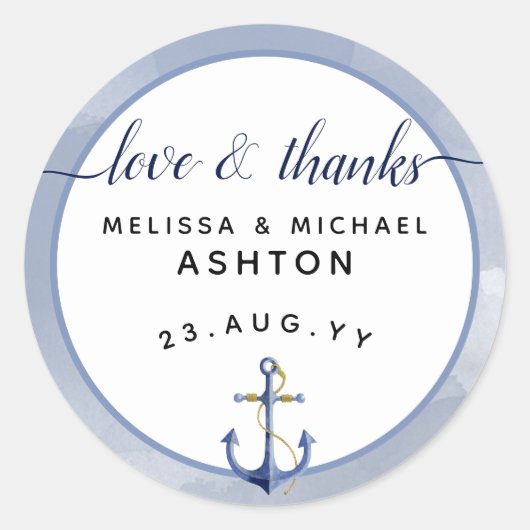 Sticker Rond Amour & Merci Aquarelle Nautique Mariage Favoriser (Devant)