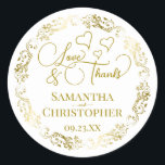 Sticker Rond Amour & Merci Elegant Gold & White Wedding Favoris<br><div class="desc">Ces beaux autocollants sont conçus pour être utilisés comme étiquettes de faveur de mariage, ou comme scellés d'enveloppe pour vos cartes de remerciement de mariage. L'élégant design comporte une bordure dorée en dentelle ornée avec des lettres de script fantaisie "Amour & Merci!" Il y a des coeurs romantiques parsemés de...</div>