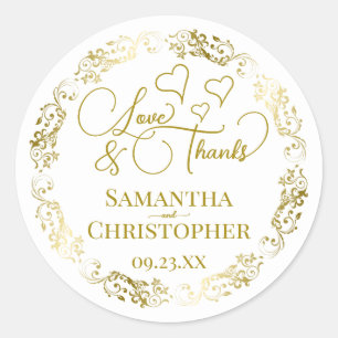 Sticker Rond Amour & Merci Elegant Gold & White Wedding Favoris