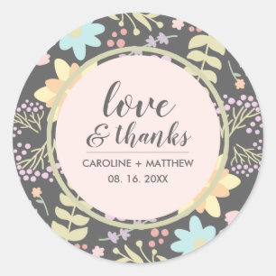 Sticker Rond Amour & Merci. Mariage floral moderne rose gris