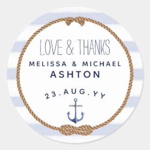 Sticker Rond Amour & Merci Nautique Bleu & Blanc Mariage Favori