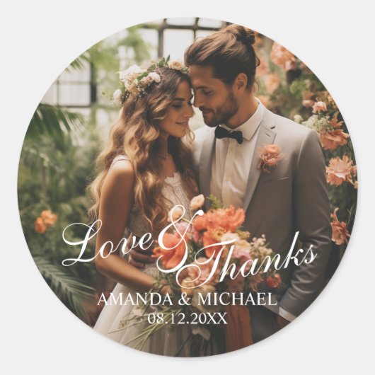Sticker Rond 'Amour & Merci' Photo personnalisée Mariage Faveur (Devant)