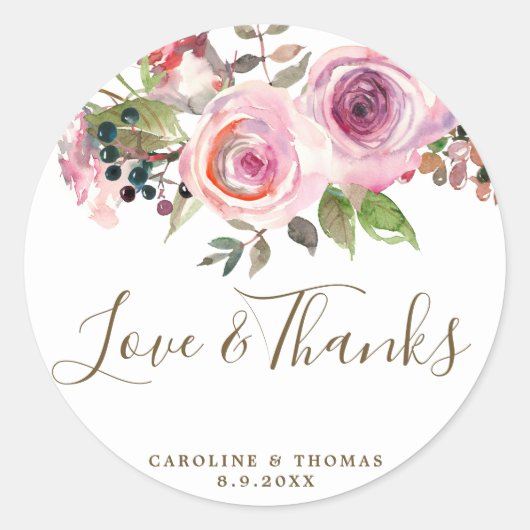 Sticker Rond amour & merci violet floral mariage faveurs autoco (Devant)